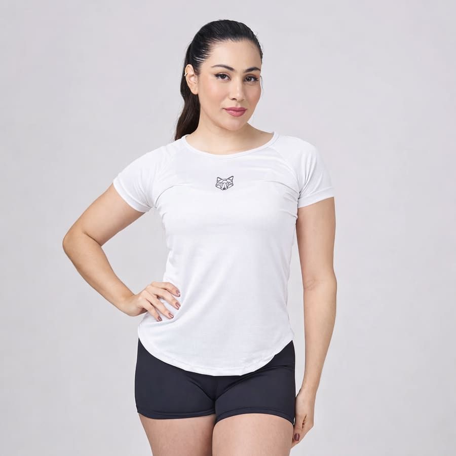 Camiseta Feminina Dry Fit Lobo Geométrico Branco
