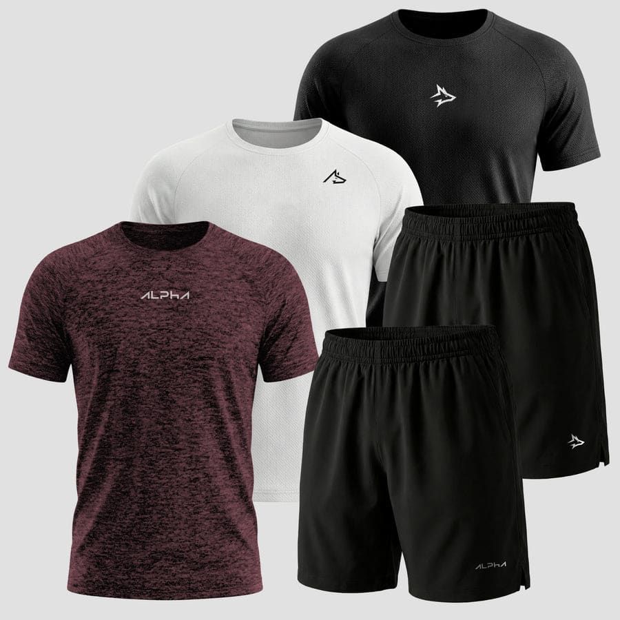 Kit Movimento Alpha Dry Fit: 3 Camisetas + 2 Bermudas